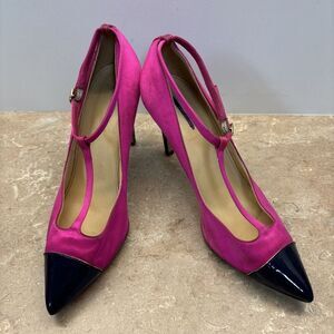 J Crew Women Pink Satin Heels Navy Blue Patent Leather Toe Heels T Strap 8.5
